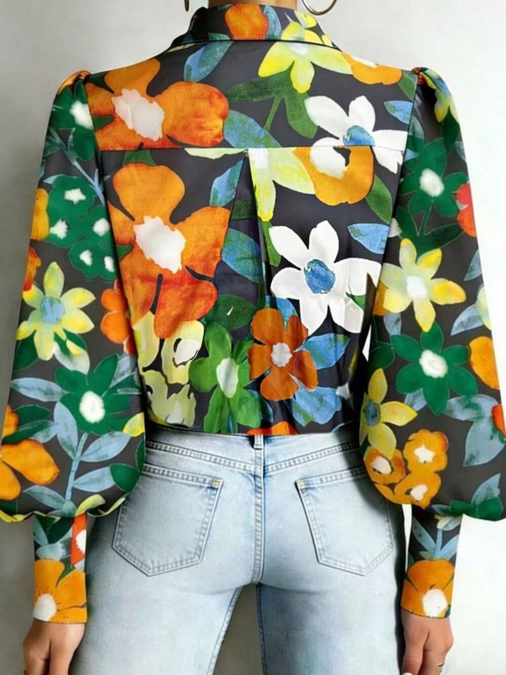 Boho Women's Floral Print Lantern Sleeve button down Shirt - Picture 3 of 3